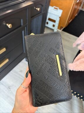 Steve Madden Black Embossed Zip-Around Wallet with Gold Accent